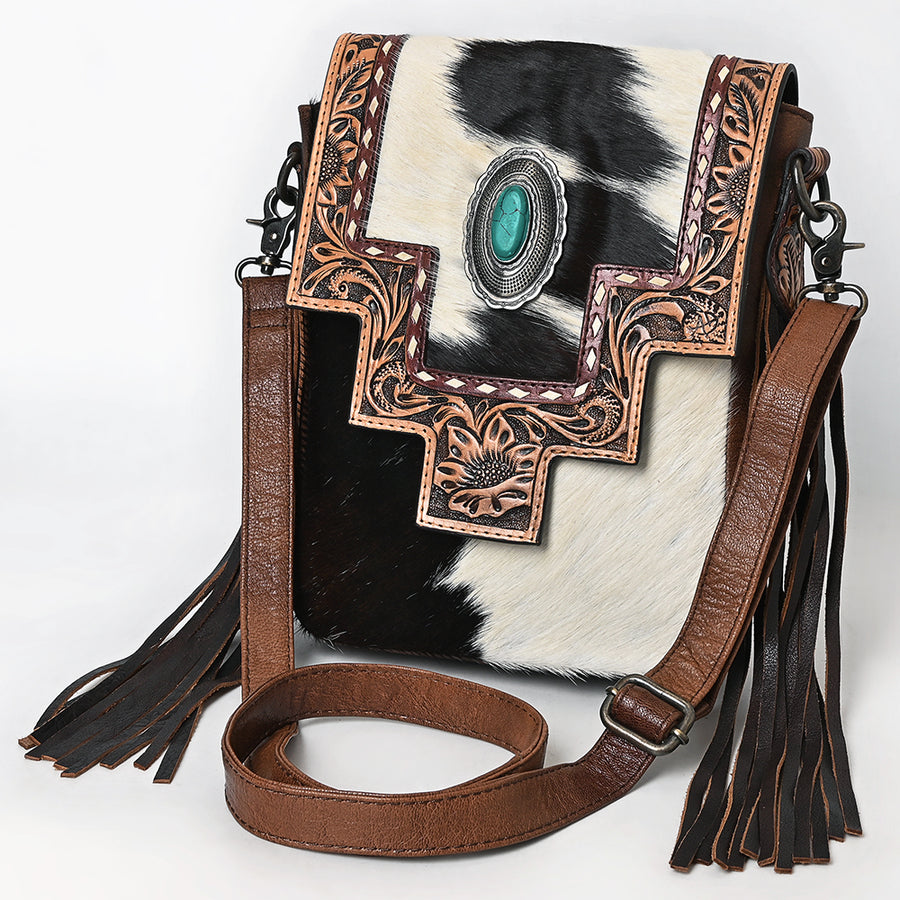 American Darling Hand Tooled Floral and Hair-On Cowhide Messenger Bag with Fringes - Uhorse