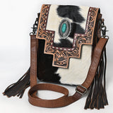 American Darling Hand Tooled Floral and Hair-On Cowhide Messenger Bag with Fringes - Uhorse