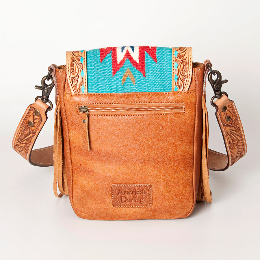 American Darling Messenger Bag for Women, Hand Tooled Floral Leather, Hair-On Cowhide, Woven Saddle Blanket, Genuine Leather