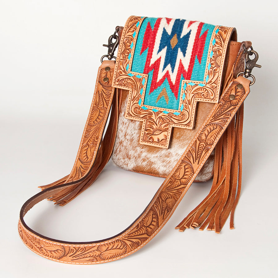 American Darling Hand Tooled Floral and Cowhide Messenger Bag with Saddle Blanket - Uhorse