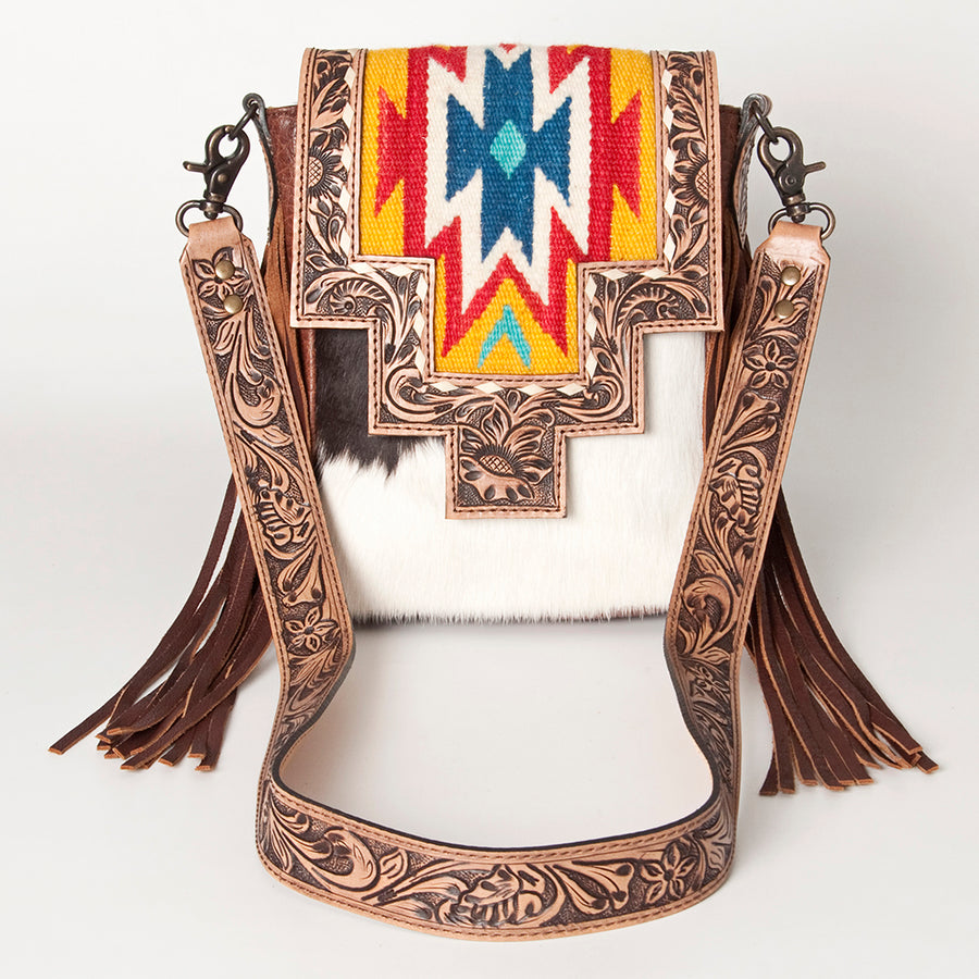 American Darling Messenger Bag for Women, Hand Tooled Floral Leather, Hair-On Cowhide, Woven Saddle Blanket, Genuine Leather
