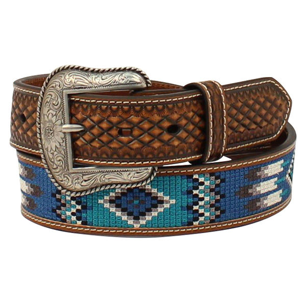 Ariat Mens Brown & Blue Southwest Embroidered Leather Belt by Hilason – Cowboy and equestrian accessories