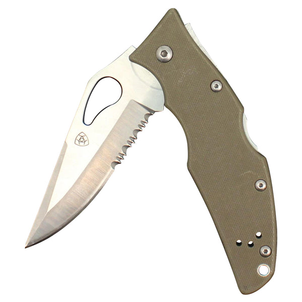 Ariat Folding Integrated Serrated Plain Edge Blade Pocket Knife Olive by Hilason – Cowboy and equestrian accessories