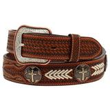M&F W. 1.5 in. Mens Tooled Tabs Calf Hair Copper Cross Concho Belt Tan by Hilason – Cowboy and equestrian accessories