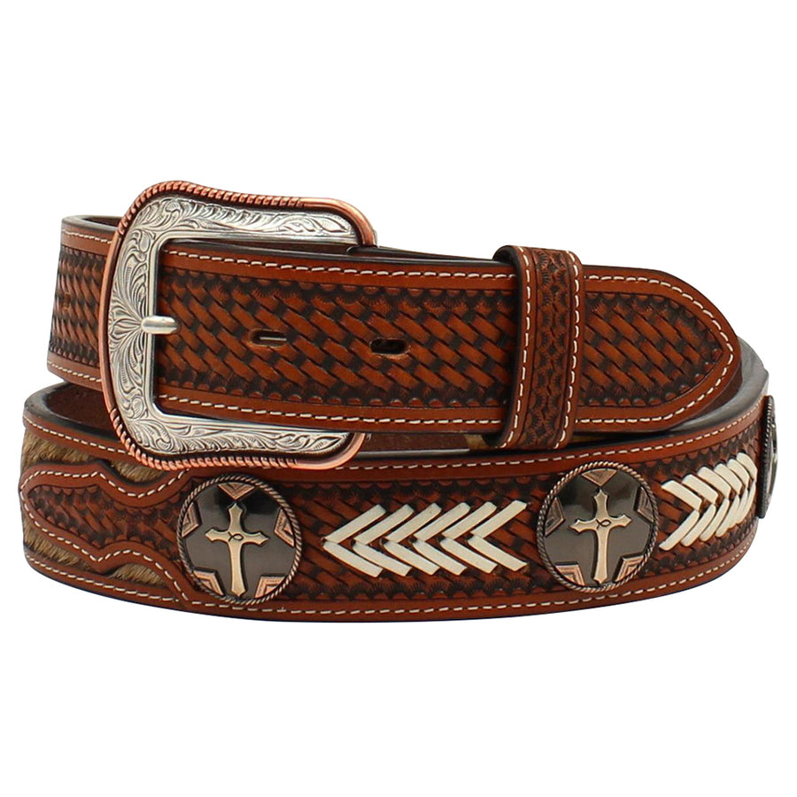 M&F Western 1.5 in. men's Tooled Tabs Calf Hair Copper Cross Concho Belt Tan - Uhorse
