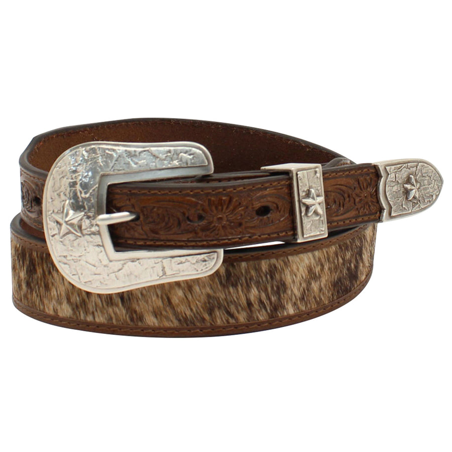 M&F Western 3D Leather Belt Calf Hair Floral Tooled and 3-Piece Star Buckle Set - Uhorse