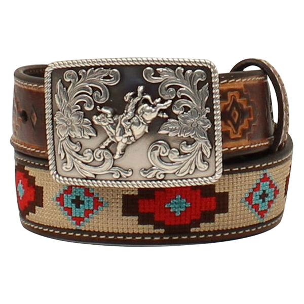 3D Boys Aztec Stitched Belt Genuine Leather Rodeo Buckle Southwestern Design - Uhorse