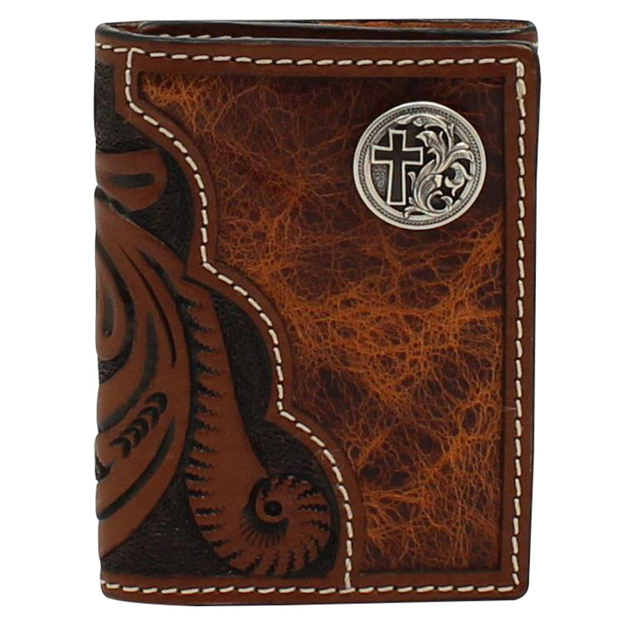 3D men's Floral Tooled Cross Concho Trifold Wallet Buckstitch Brown - Uhorse
