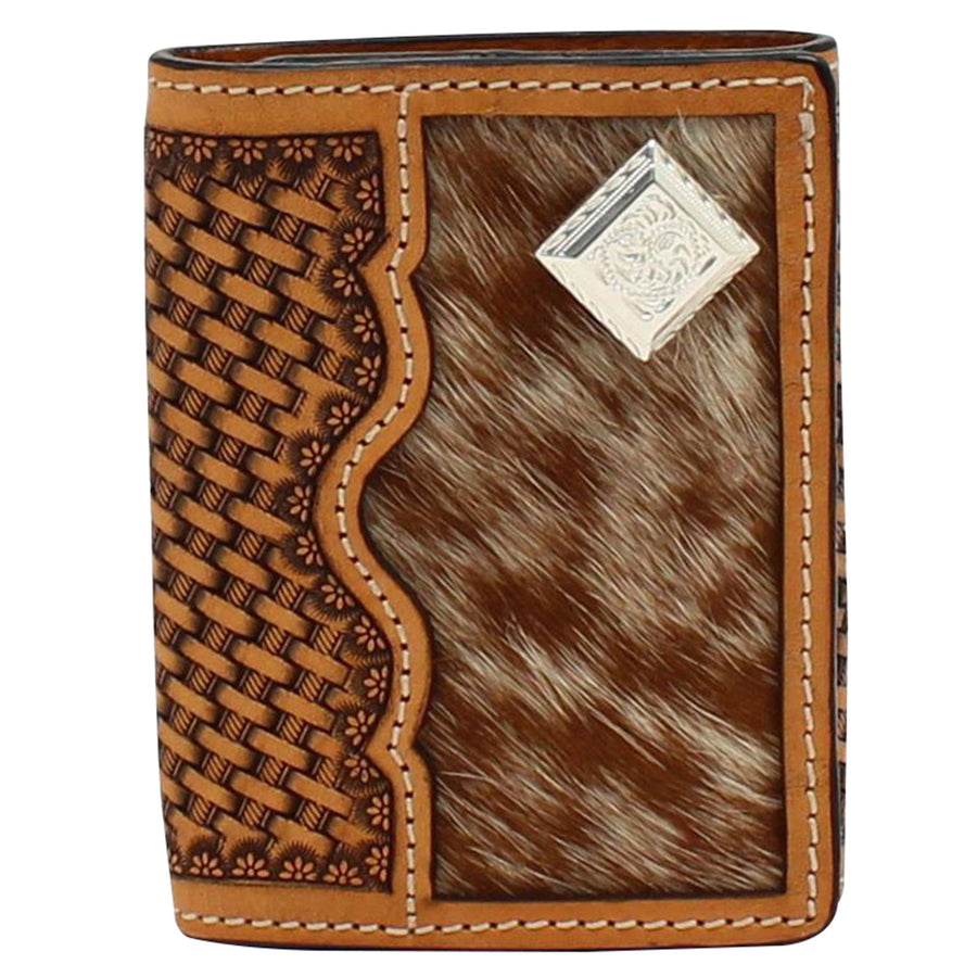 M&F Western Trifold Wallet Hand Tooled Basket Weave Calf Hair Inlay Brown - Uhorse