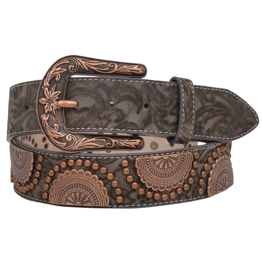 1 1/2" Wide Brown Floral Embossed Leather Copper Stud Belt