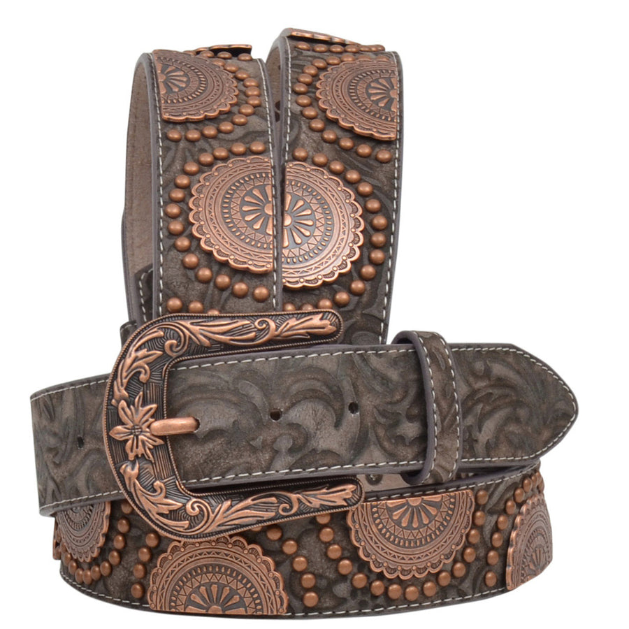 Extra Large 1 1/2" Wide Brown Floral Embossed Leather Copper Stud Belt - Uhorse