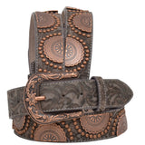 Small 1 1/2" Wide Brown Floral Embossed Leather Copper Stud Belt – by Hilason – Cowboy and equestrian accessories