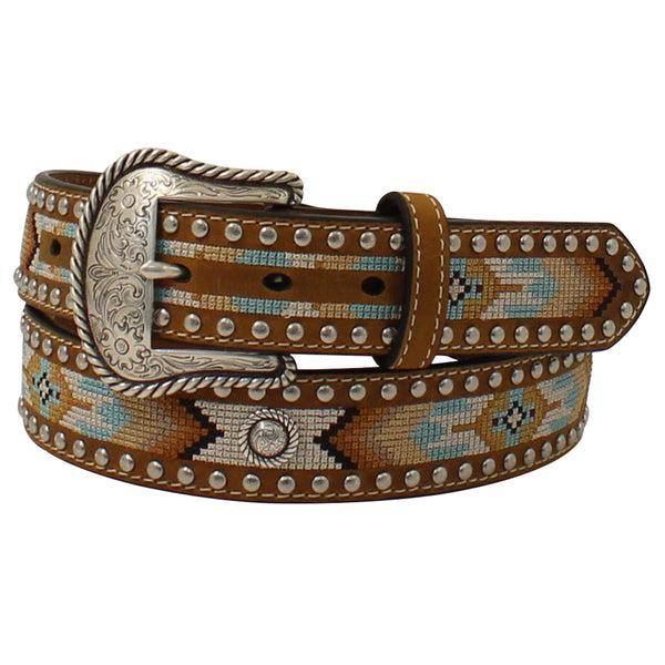 Nocona Western women's Belt Leather Conchos Studs Embroidered Brown - Uhorse