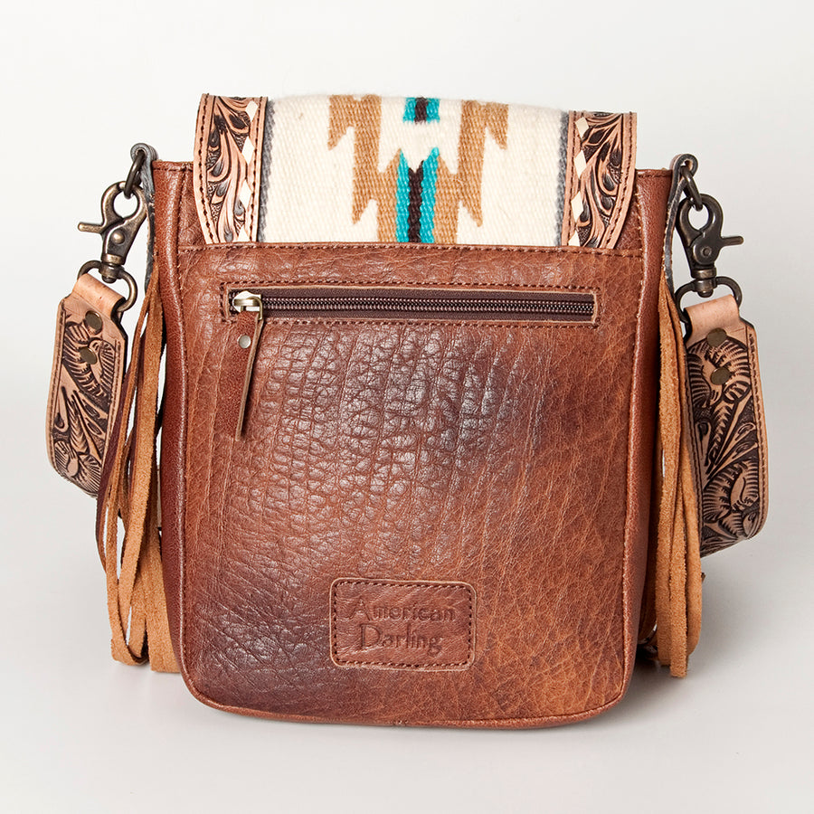 American Darling Messenger Bag for Women, Hand Tooled Floral Leather, Hair-On Cowhide, Woven Saddle Blanket, Genuine Leather