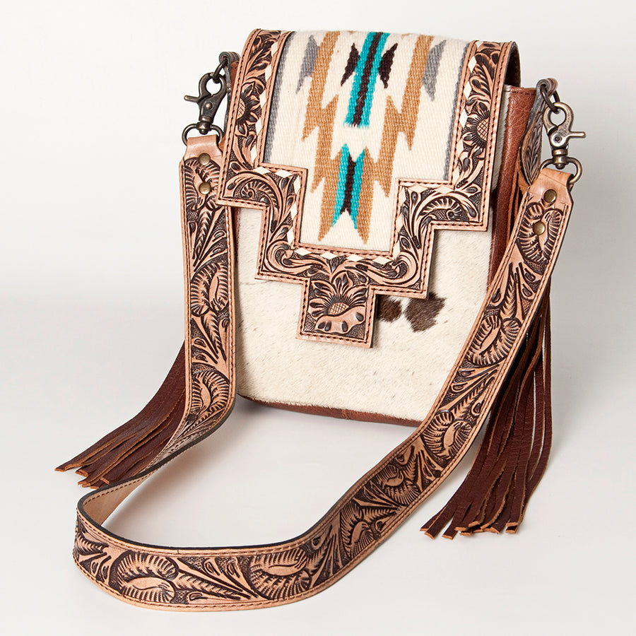 American Darling Hand Tooled Floral and Cowhide Messenger Bag with Saddle Blanket - Uhorse