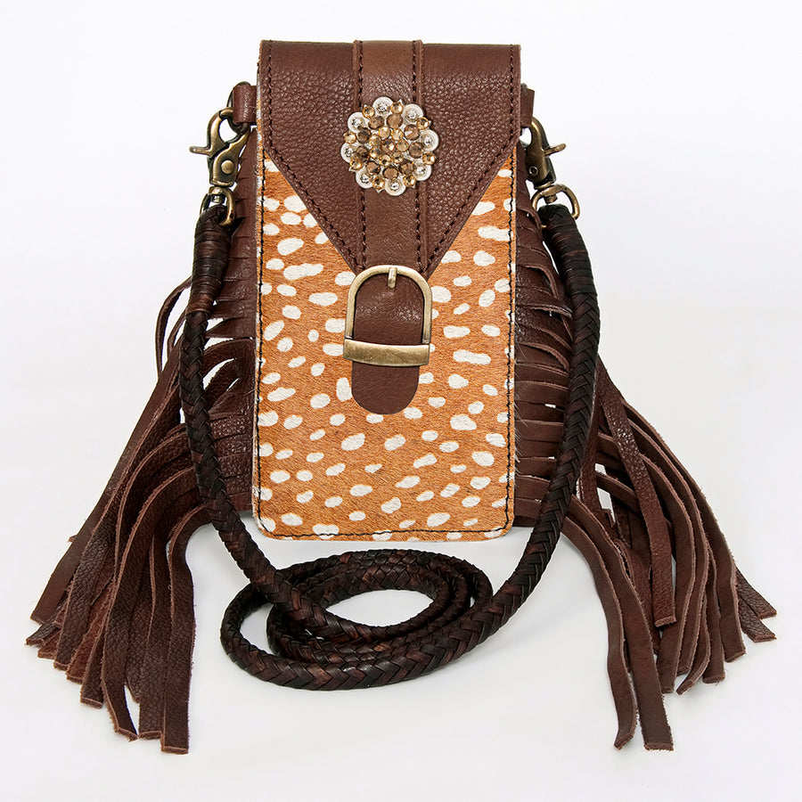 American Darling Hair-On Cowhide Cell Phone Holder Fringes Braided Handle Vegetable-Tanned Genuine Leather YKK Zipper