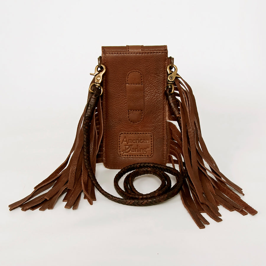 American Darling Hair-On Cowhide Cell Phone Holder Fringes Braided Handle Vegetable-Tanned Genuine Leather YKK Zipper