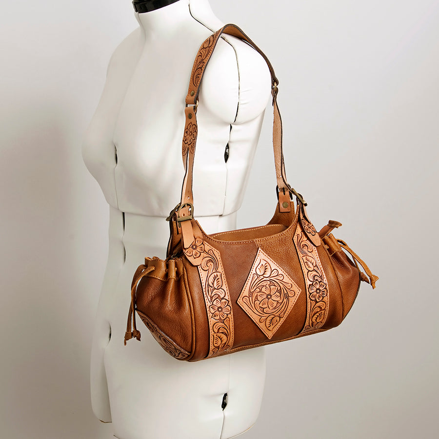 American Darling Hand Tooled Floral Carved Hair-On Cowhide Hobo Bag Eco-Friendly Genuine Leather Drawstring YKK Zipper