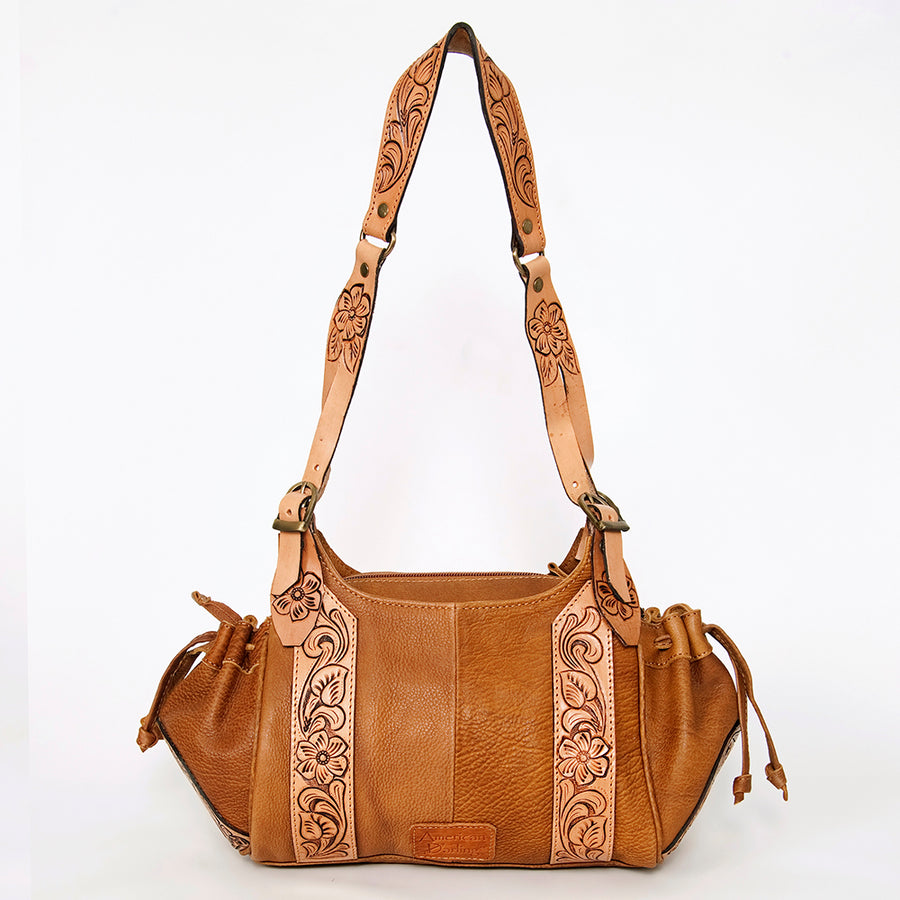 American Darling Hand Tooled Floral Carved Hair-On Cowhide Hobo Bag Eco-Friendly Genuine Leather Drawstring YKK Zipper