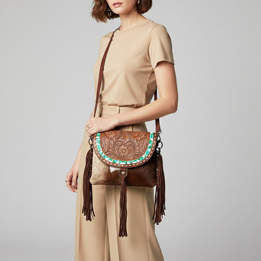 American Darling Messenger Hand Tooled Saddle Blanket Hair On Genuine Leather Women Bag Western Handbag Purse