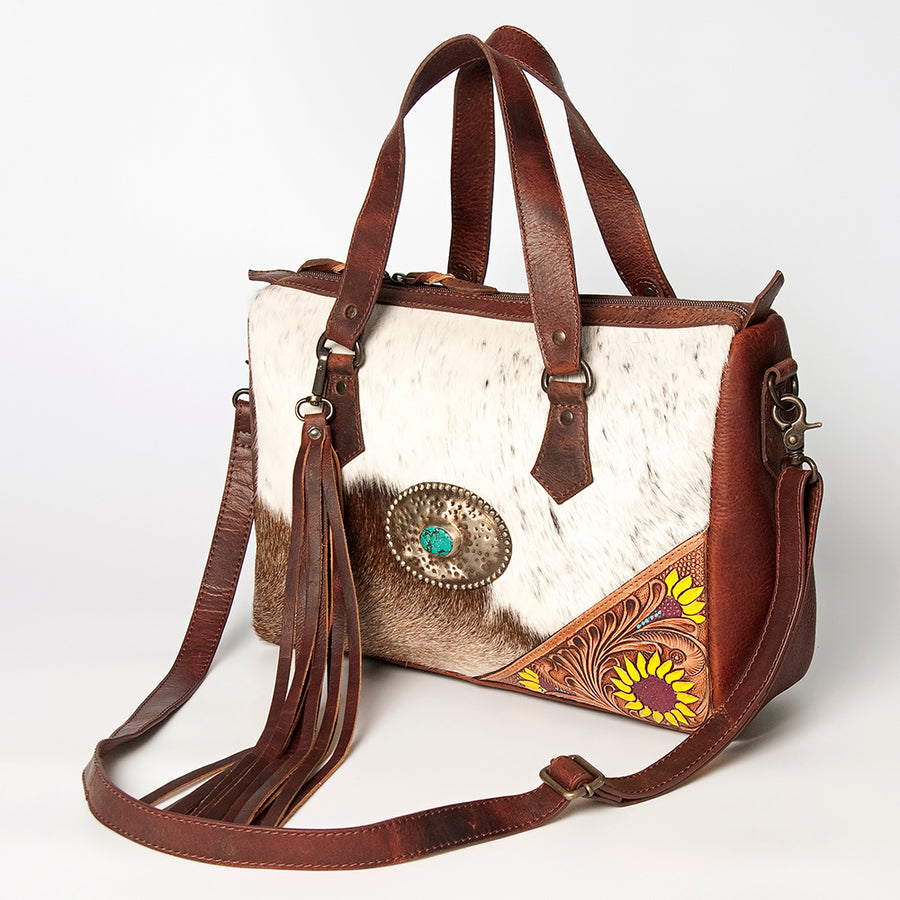 American Darling Briefcase Hand Tooled Hair-On Genuine Leather Women Bag Western Handbag Purse - Uhorse