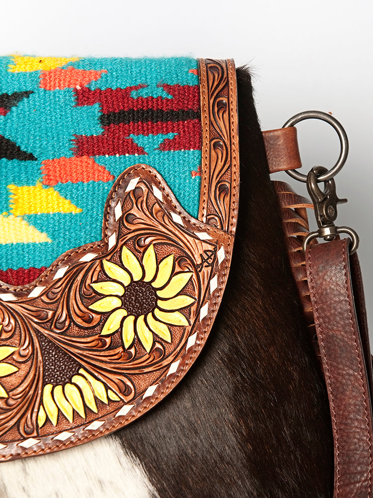 American Darling Messenger Hand Tooled Hair-On Genuine Leather Women Bag Western Handbag Purse