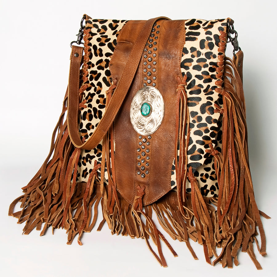 Brown leather fringe shoulder bag with leopard print hair-on-hide and turquoise concho - Uhorse