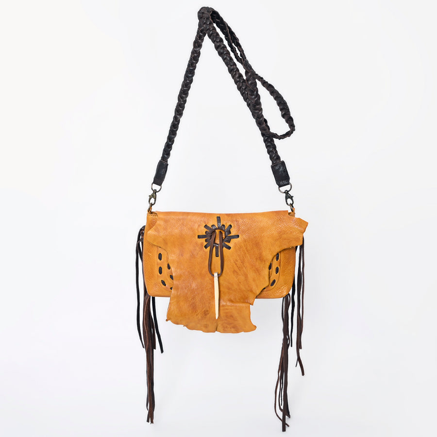American Darling Cross body Bag Western Genuine Leather Handcrafted Purse with Fringes and Braided Strap