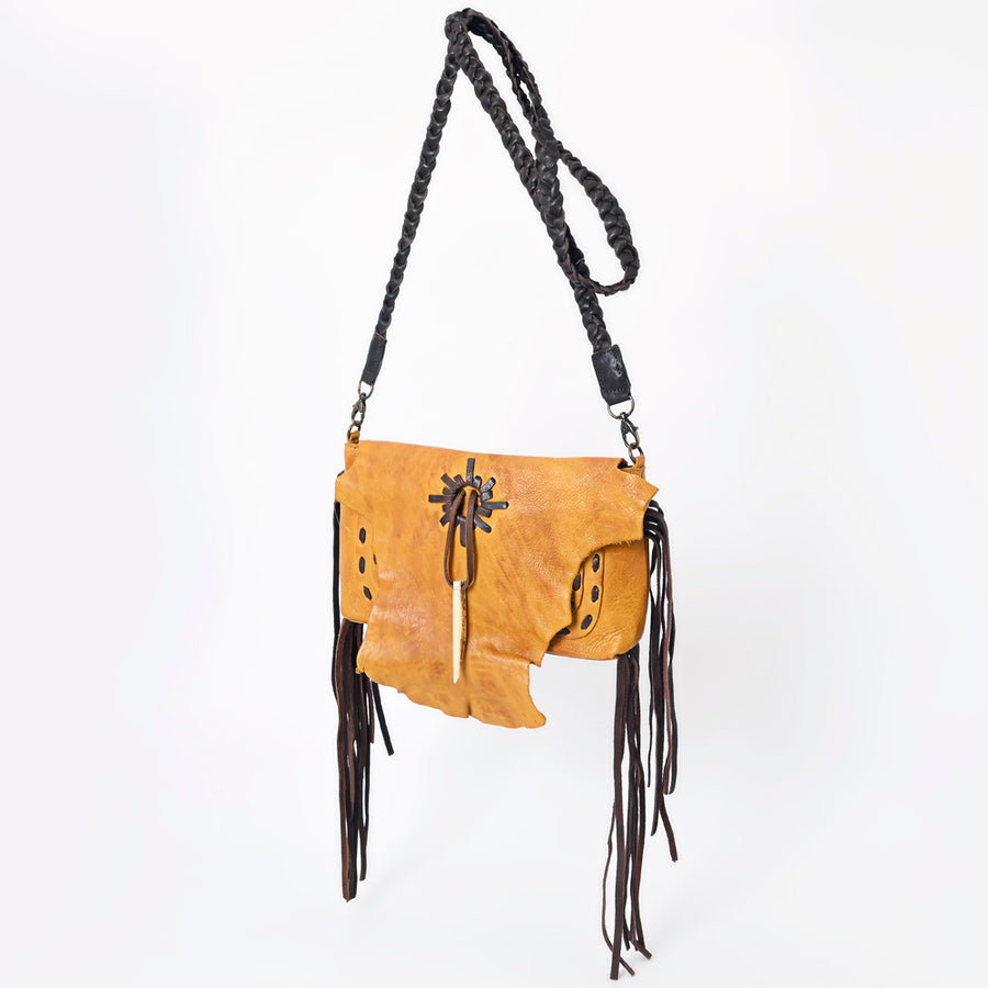 Gray leather crossbody bag with fringe and tooled details - Uhorse