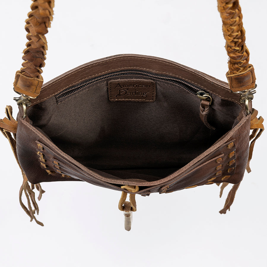 American Darling Cross body Bag Western Genuine Leather Handcrafted Purse with Fringes and Braided Strap