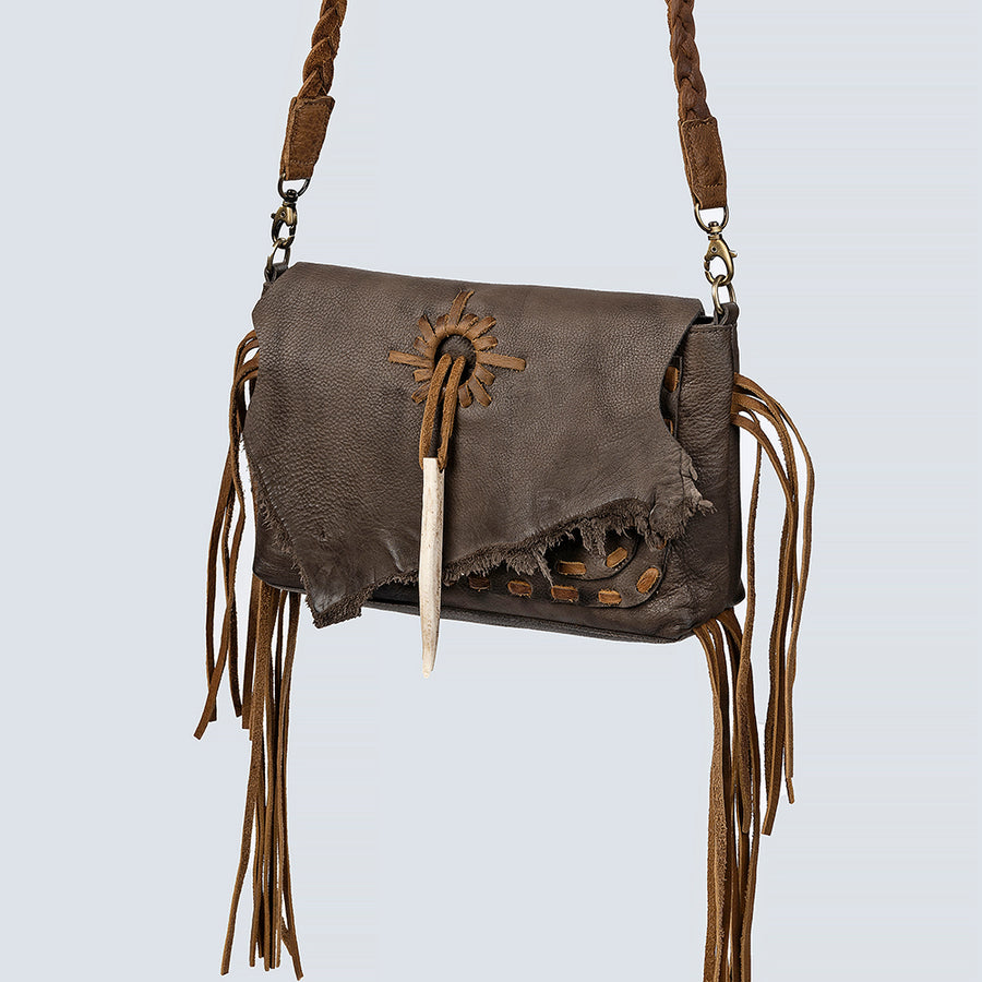 American Darling Cross body Bag Western Genuine Leather Handcrafted Purse with Fringes and Braided Strap