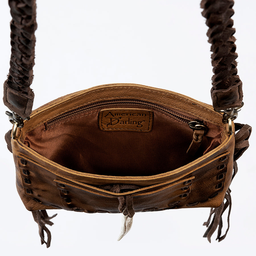 American Darling Cross body Bag Western Genuine Leather Handcrafted Purse with Fringes and Braided Strap