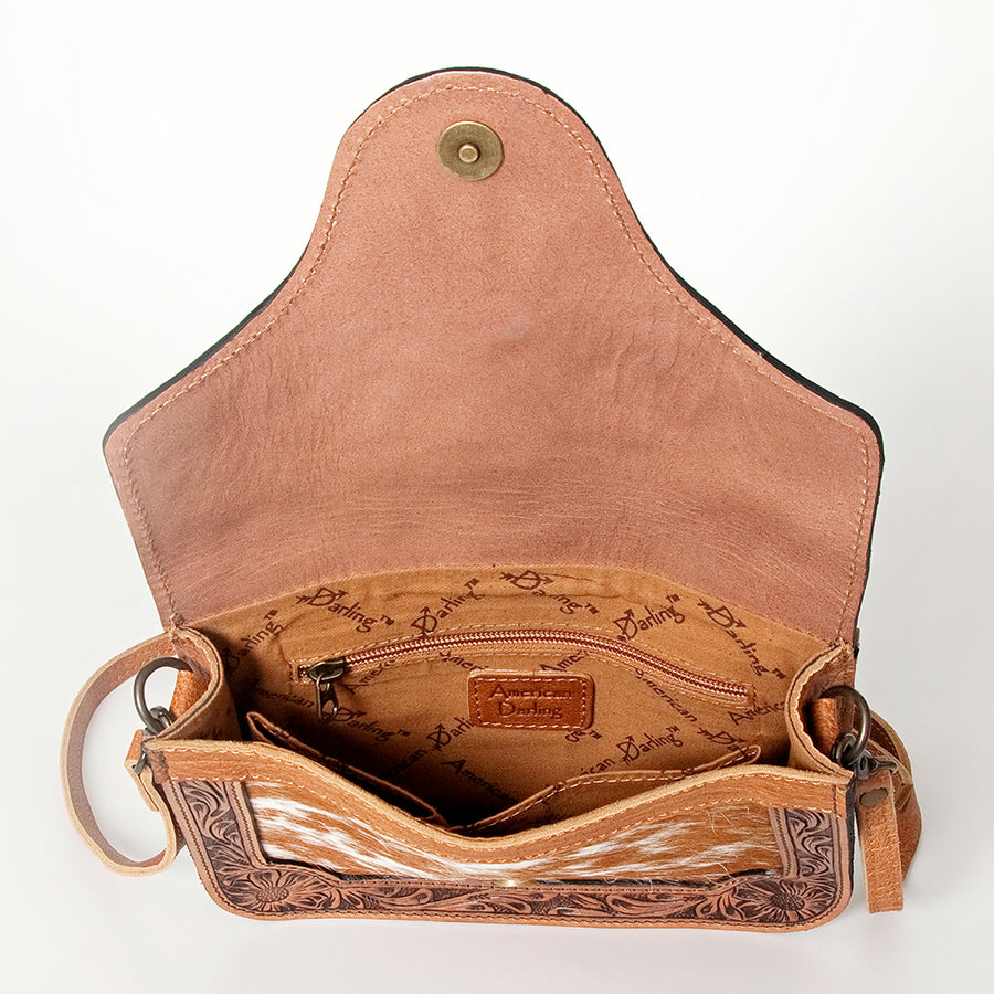American Darling Cross body Bag Western Leather Hair-On Cowhide Hand Tooled Floral Turquoise Concho 8in x 10in