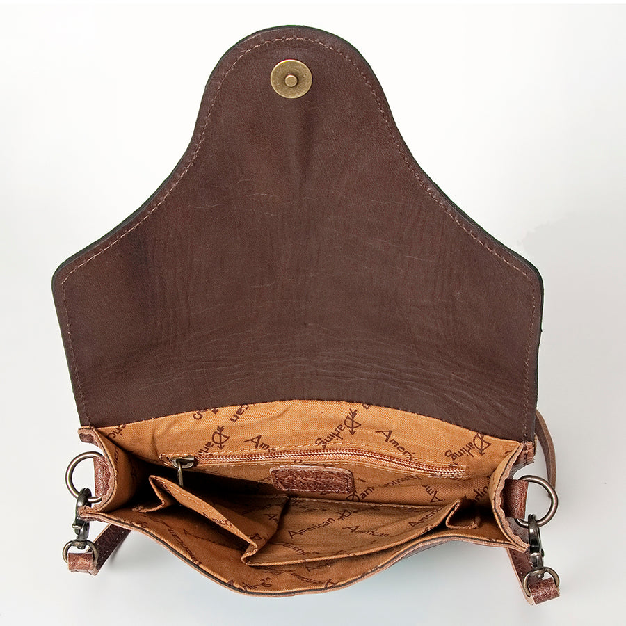 American Darling Cross body Bag Western Leather Hair-On Cowhide Hand Tooled Floral Turquoise Concho 8in x 10in