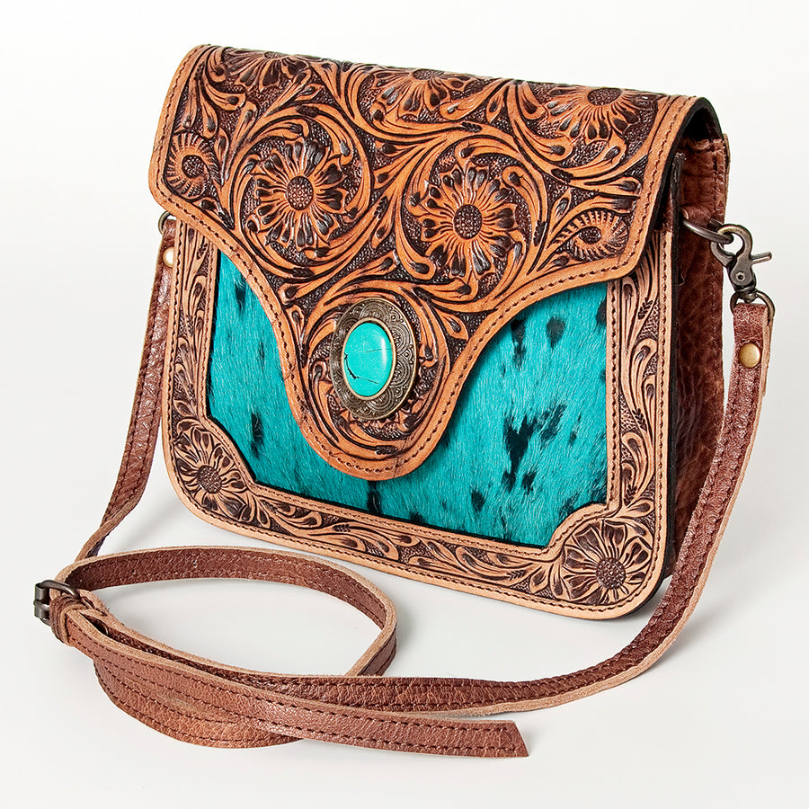American Darling Western Cross body Bag Hair-On Cowhide with Hand Tooled Floral Carving - Hilason