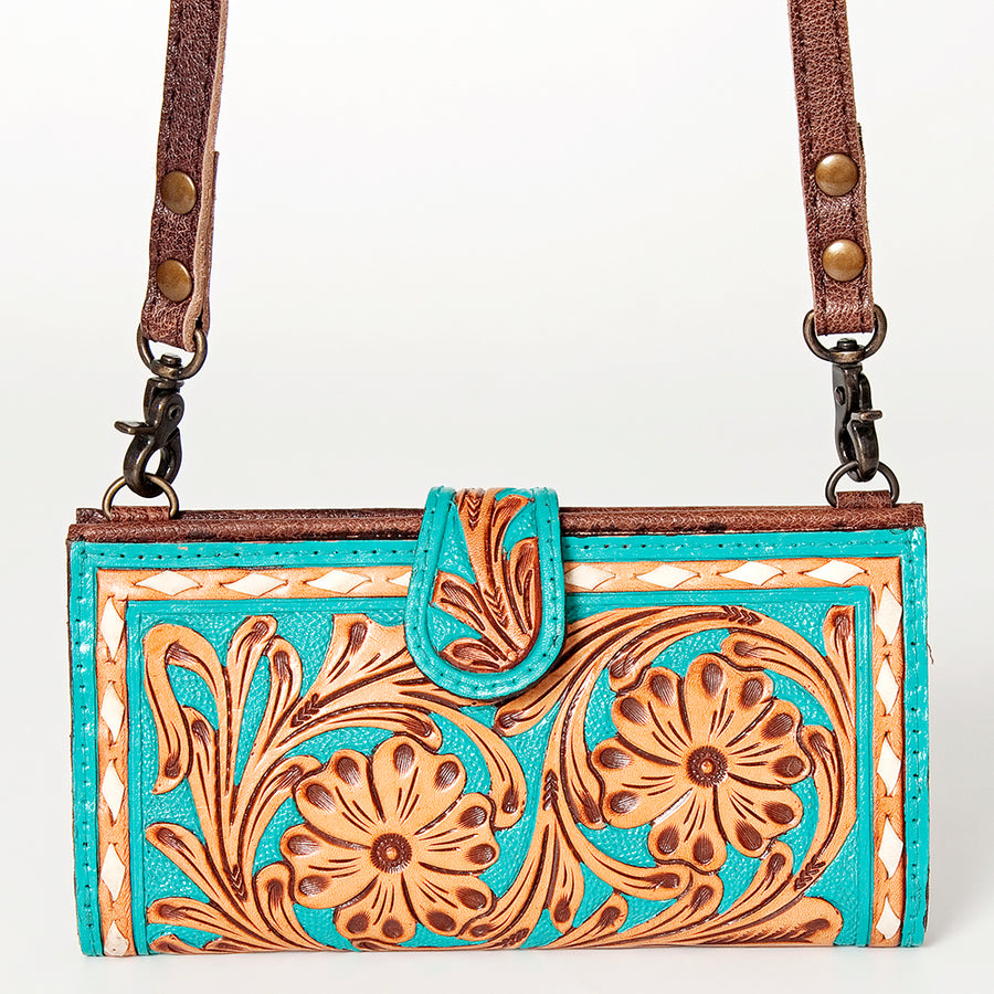 American Darling Small Cross body Bag Western Leather Hand Tooled Floral Carved Buck Stitched Genuine Leather 4.5x8