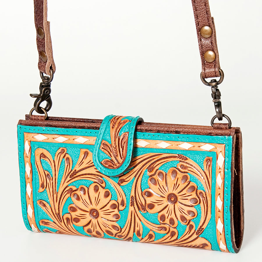 American Darling Western Small Cross body Bag Hand Tooled Floral with Buck Stitched Detail - Uhorse