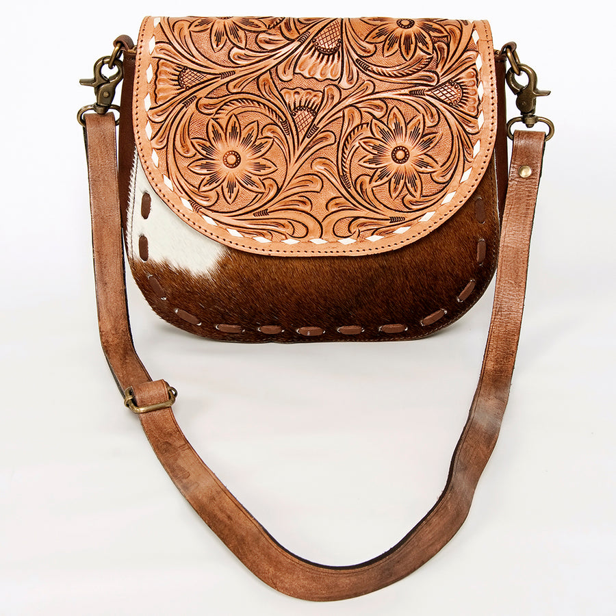 American Darling Hair-On Cowhide Floral Carved Hand Tooled Messenger Bag Eco-Friendly Genuine Leather YKK Zipper