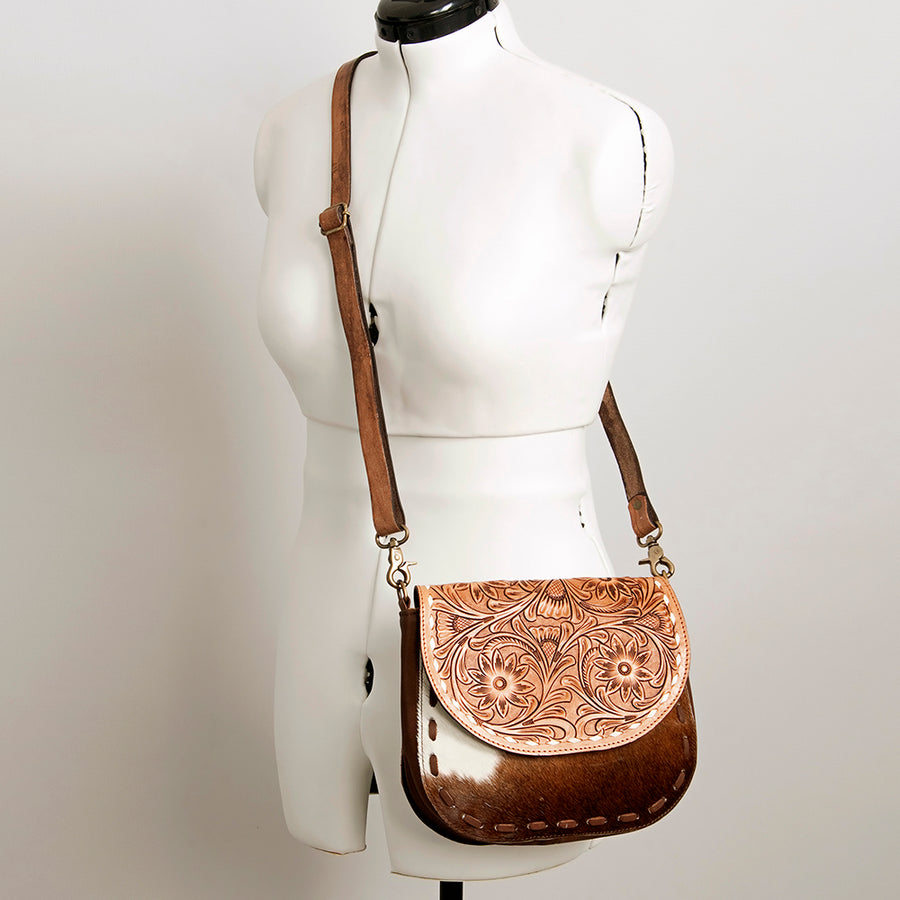 American Darling Hair-On Cowhide Floral Carved Hand Tooled Messenger Bag Eco-Friendly Genuine Leather YKK Zipper
