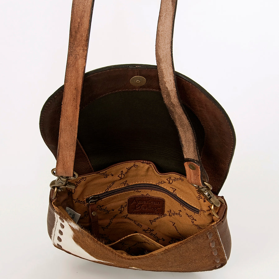 American Darling Hair-On Cowhide Floral Carved Hand Tooled Messenger Bag Eco-Friendly Genuine Leather YKK Zipper