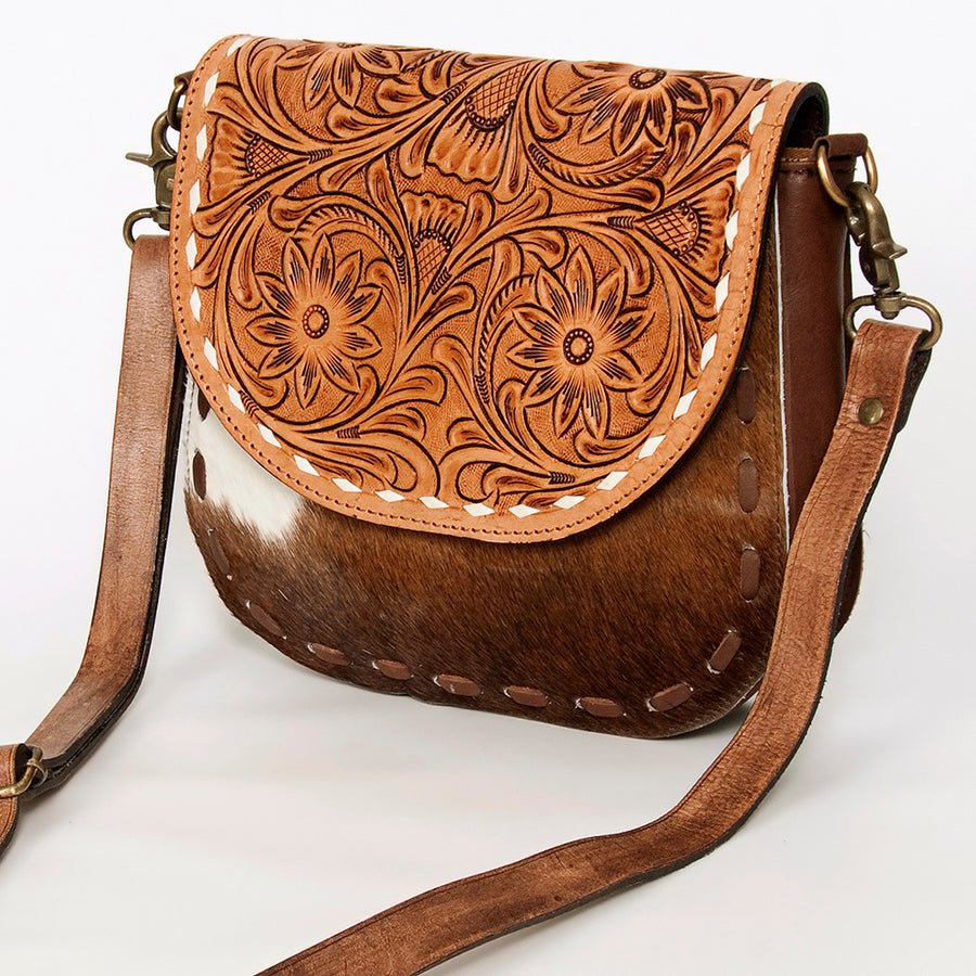 American Darling Hair-On Cowhide Hand Tooled Genuine Leather Messenger Bag - Uhorse