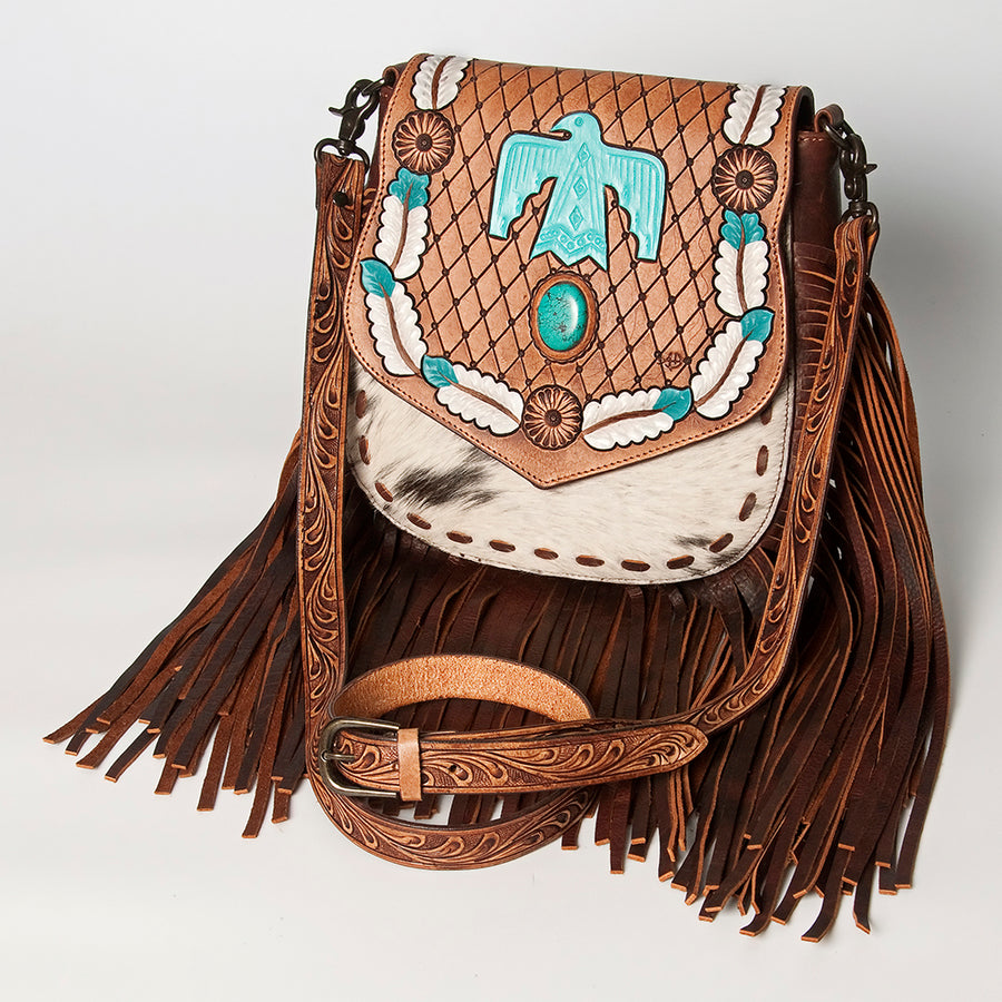 American Darling Messenger Hand Tooled Hair On Genuine Leather women bag western handbag purse - Uhorse