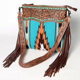 Leather crossbody bag with turquoise woven textile and fringe strap - Uhorse