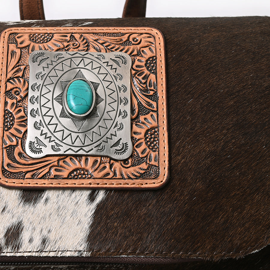 American Darling Backpack for Women, Hand Tooled Floral Leather, Hair-On Cowhide, Turquoise Concho, Genuine Western Leather