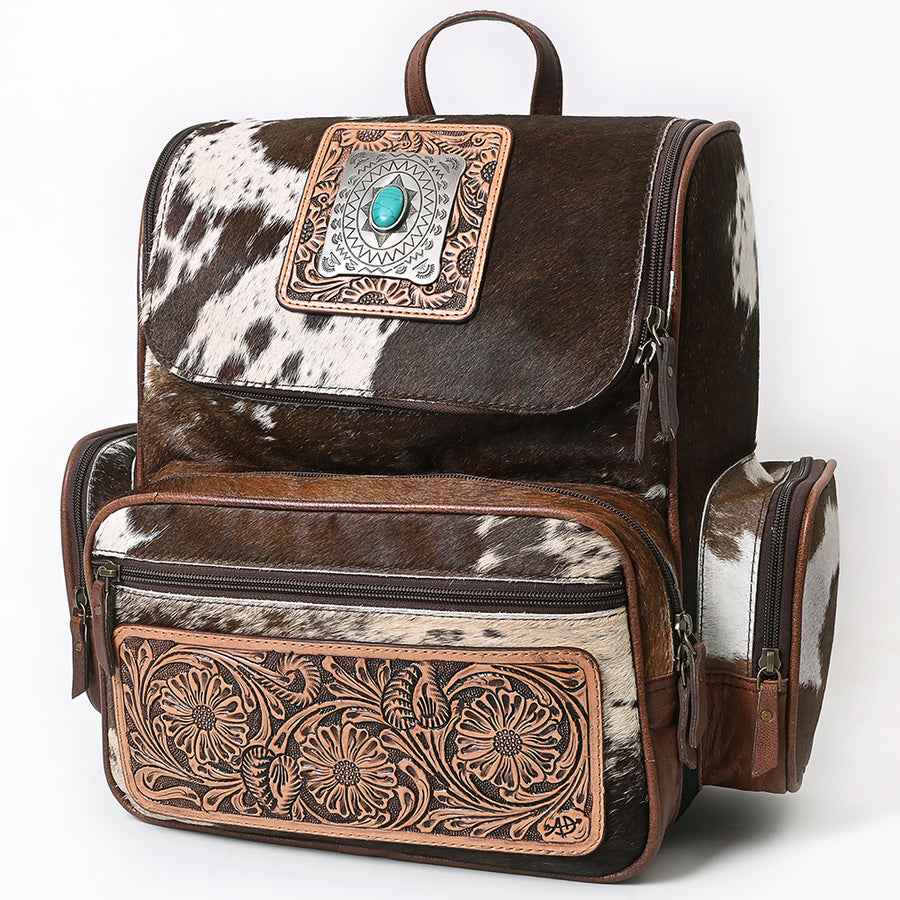 American Darling Hand Tooled Floral Leather and Hair-On Cowhide Backpack with Turquoise Concho - Uhorse