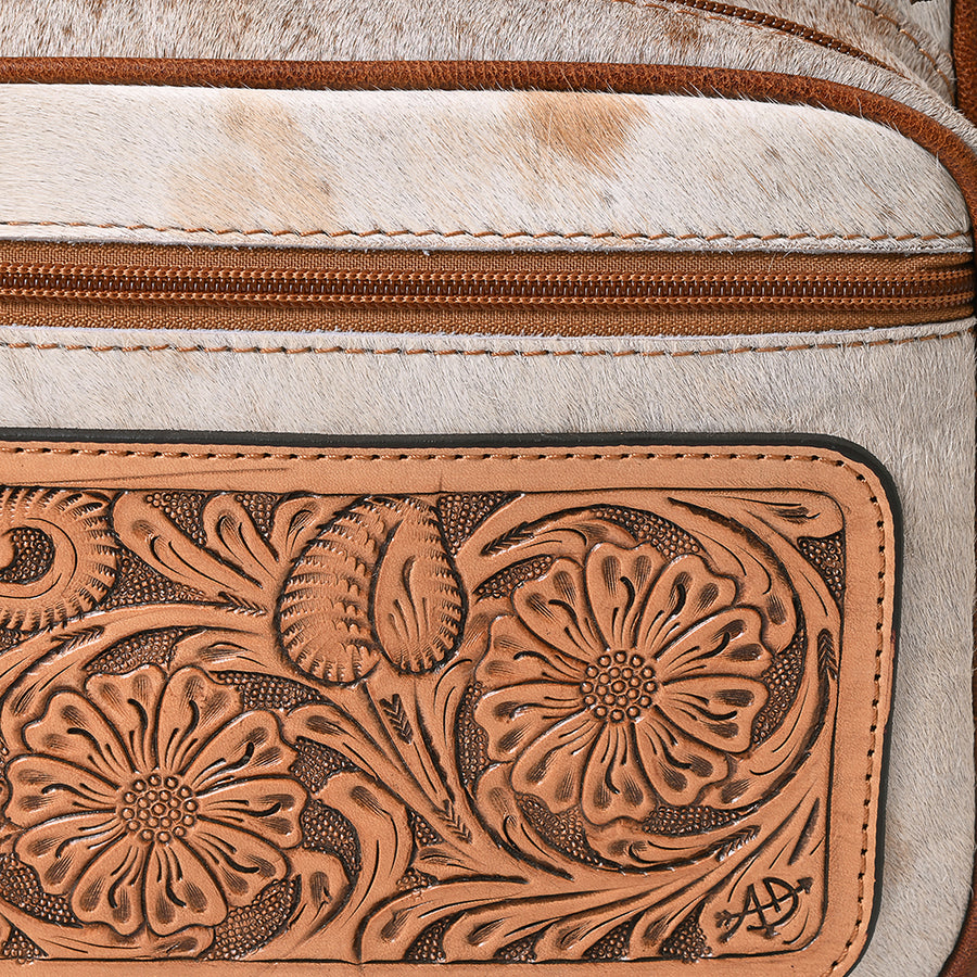 American Darling Backpack for Women, Hand Tooled Floral Leather, Hair-On Cowhide, Turquoise Concho, Genuine Western Leather