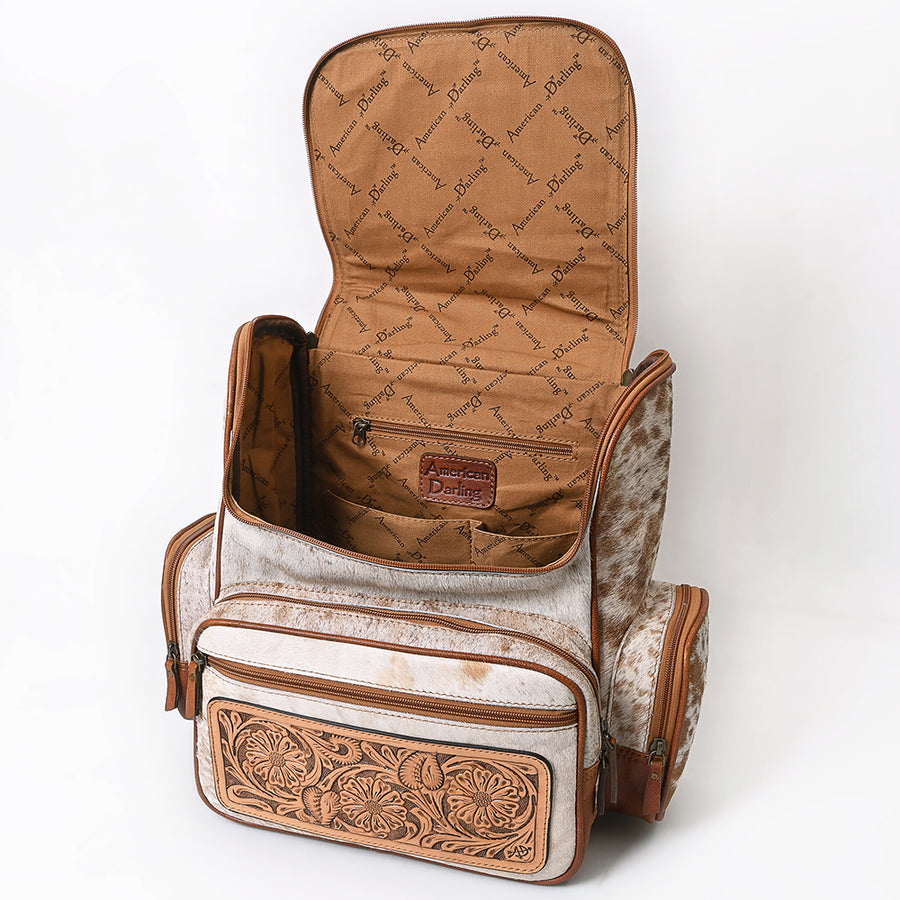 American Darling Backpack for Women, Hand Tooled Floral Leather, Hair-On Cowhide, Turquoise Concho, Genuine Western Leather