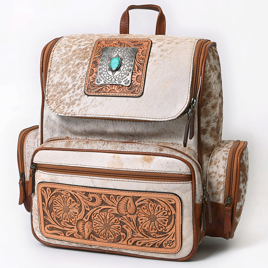 American Darling Hand Tooled Floral Leather and Hair-On Cowhide Backpack with Turquoise Concho - Uhorse