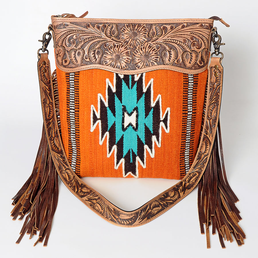 American Darling Signature Cross Body Bag Hand Tooled Floral Carved Leather Woven Saddle Blanket Fringes Genuine Leather