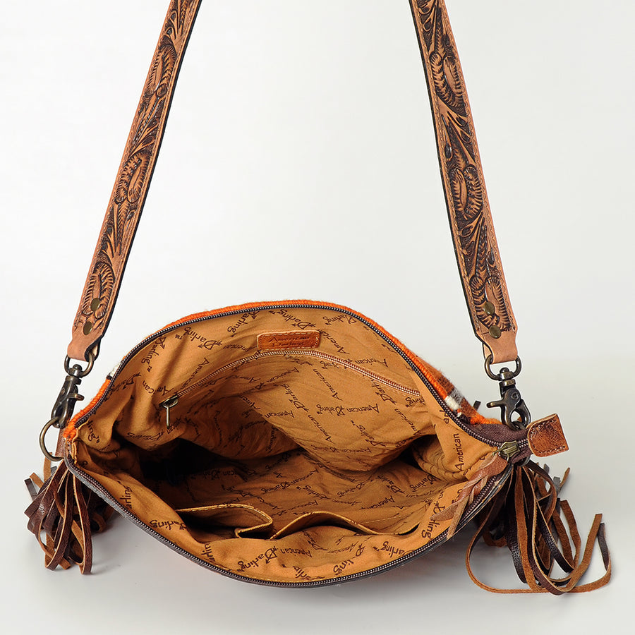 American Darling Signature Cross Body Bag Hand Tooled Floral Carved Leather Woven Saddle Blanket Fringes Genuine Leather